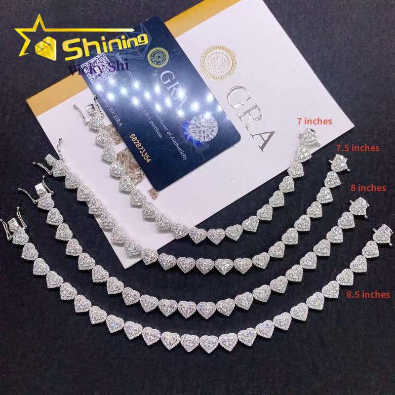 Factory Price Sterling 925 Silver VVS Moissanite Fine Jewelry Iced Out Hip Hop Heart Cuban Link Chain Bracelet