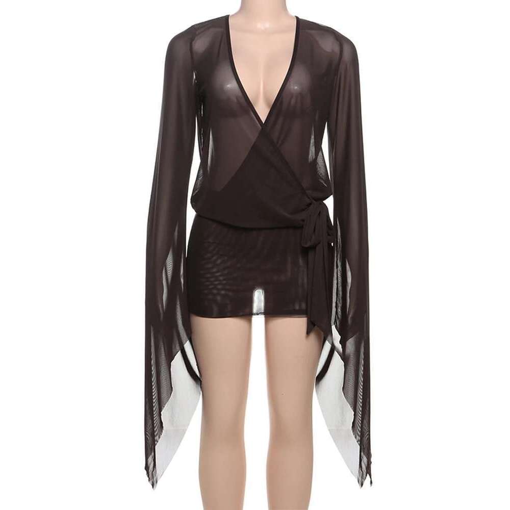 Nibber See Through Sexy Summer Dress Women Cross Bandage Low-Neck Backless Flare Sleeve Coquette Midnight Party Bodycon
