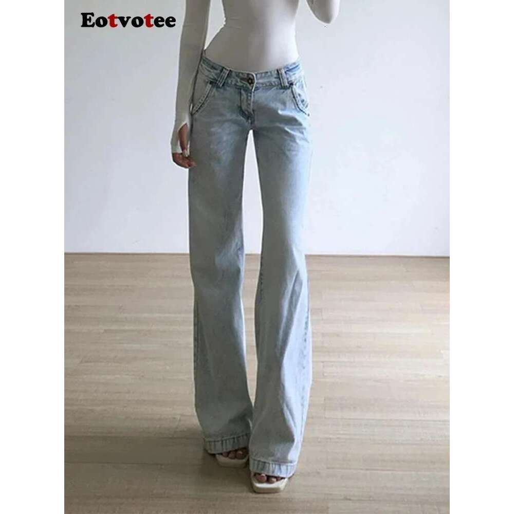 EOTVOTEE Vintage Blue Low Waist Jeans For Women American Streetwear Fashion Button Pockets Full Length Y2k Straight Pantalons Designer