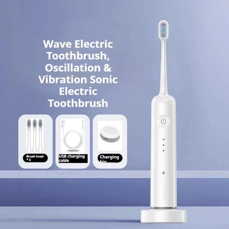 Wave with Light 3 Brush Heads New Generation Oscillation & Vibration Sonic Electric Toothbrush Waterproof