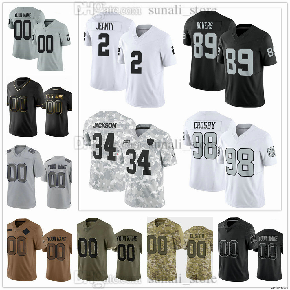 2025 Men Football Jerseys 98 Maxx Crosby 89 Brock Bowers 2 Ashton Jeanty 16 Jakobi Meyers 7 Geno Smith 58 Jackson Powers-Johnson 14 Carter Bradley 34 Bo Jackson Stitched