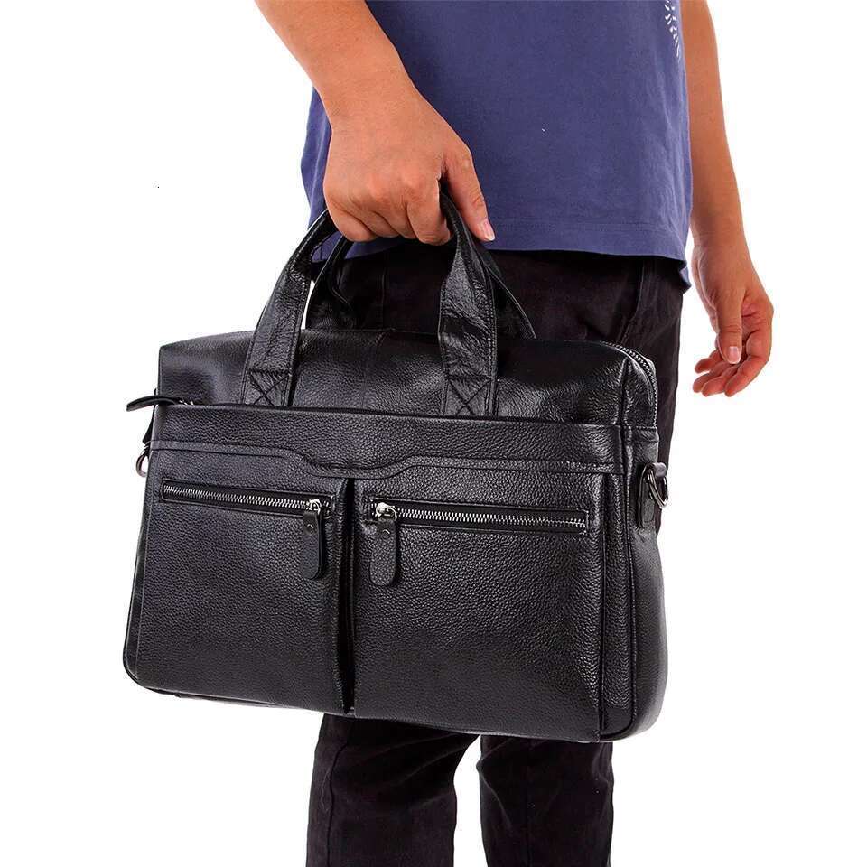 Black Men Genuine Handbags Large Leather 14" Laptop Messenger Business Men's Travel Shoulder Bags Briefcase