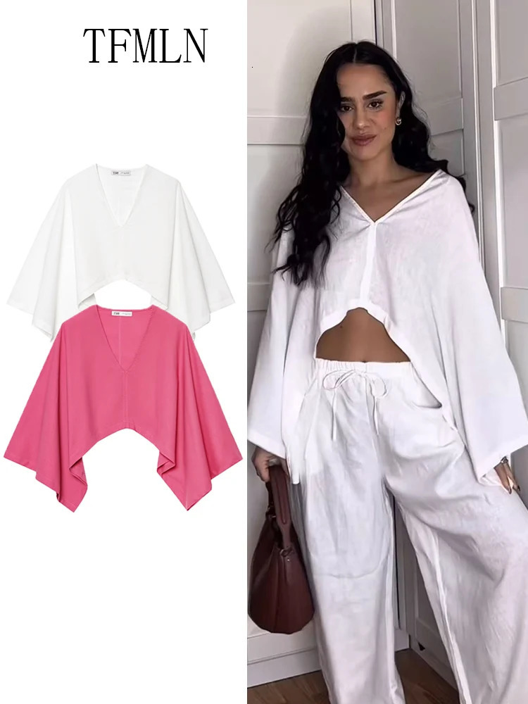 TFMLN Summer Women Asymmetrical Kimono Style Blouse Fashion Causal Vneck Batwing Sleeve Loose Top High Street Pullover 250515