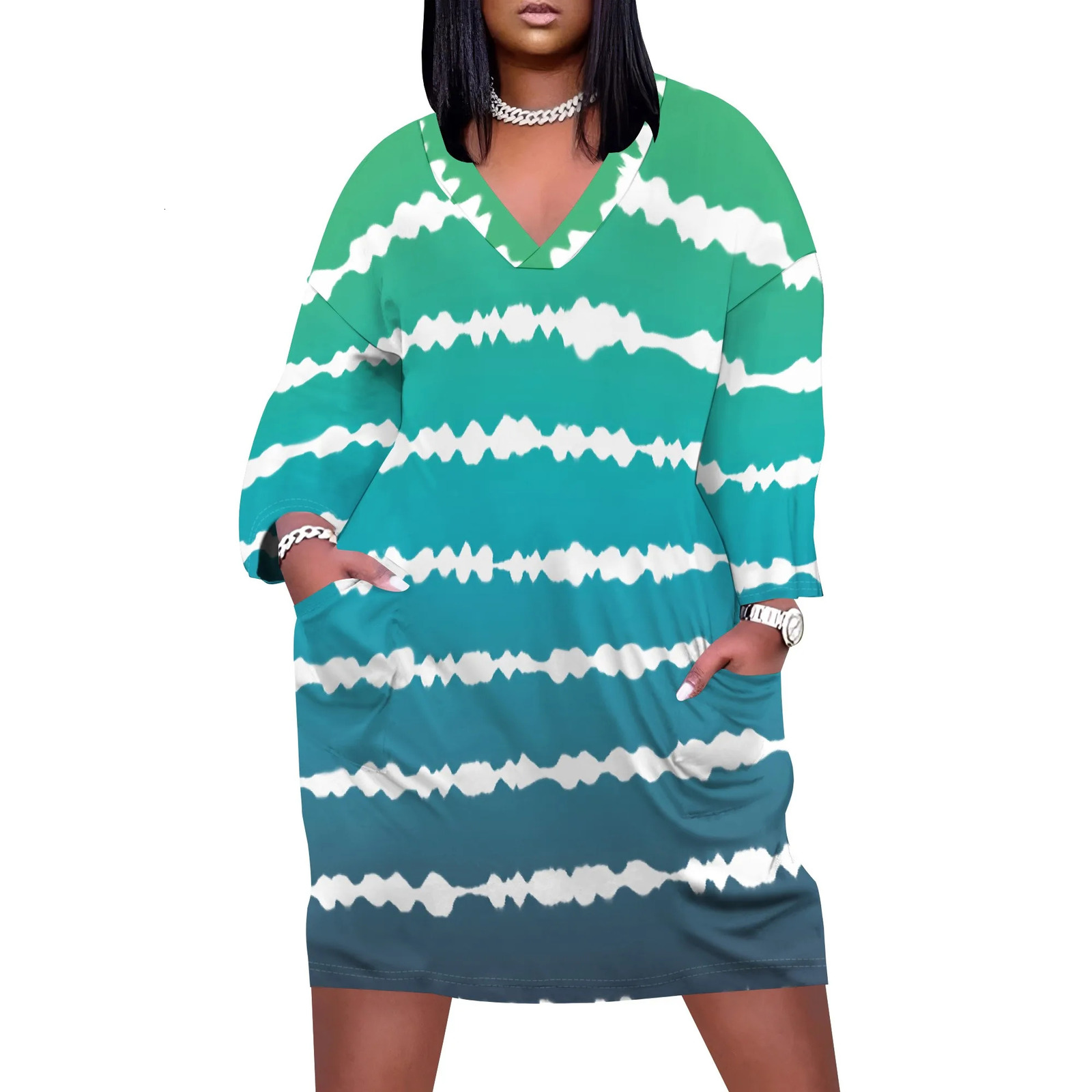 Plus Size Womens Sexy Casual Dresses for Curvy Women 3D Printed V Neck Short Sleeve Loose Maxi Dress with pockets 250509