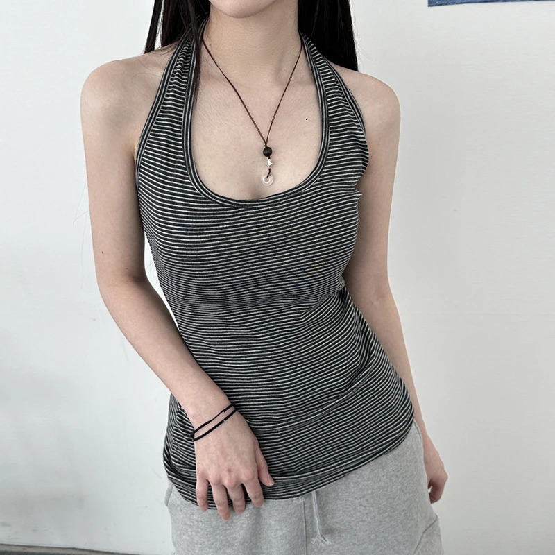 HEYounGIRL Korean Fashion Striped Halter Vest Basic Streetwear Backless Casual Sleeveless Tank Top Y2K Summer Fitted Camis Tops 250515