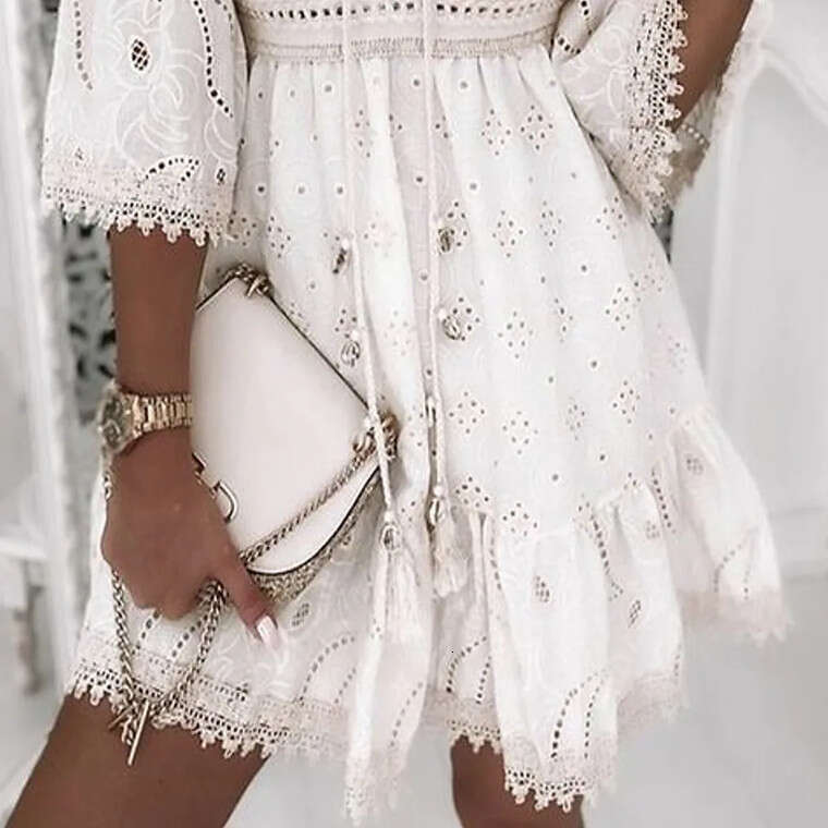 White Dress Maxi Dress Women's Clothing New Hot Selling V-Neck White Hollow Tassel Embroidered Dress KQ