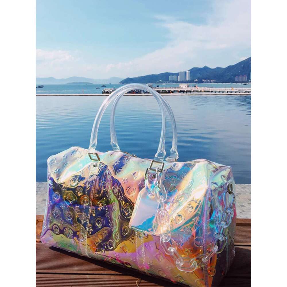 Colorful Transparent New Business Travel Boarding Lage Handheld Big Rainbow Emed Laser Fiess Bag