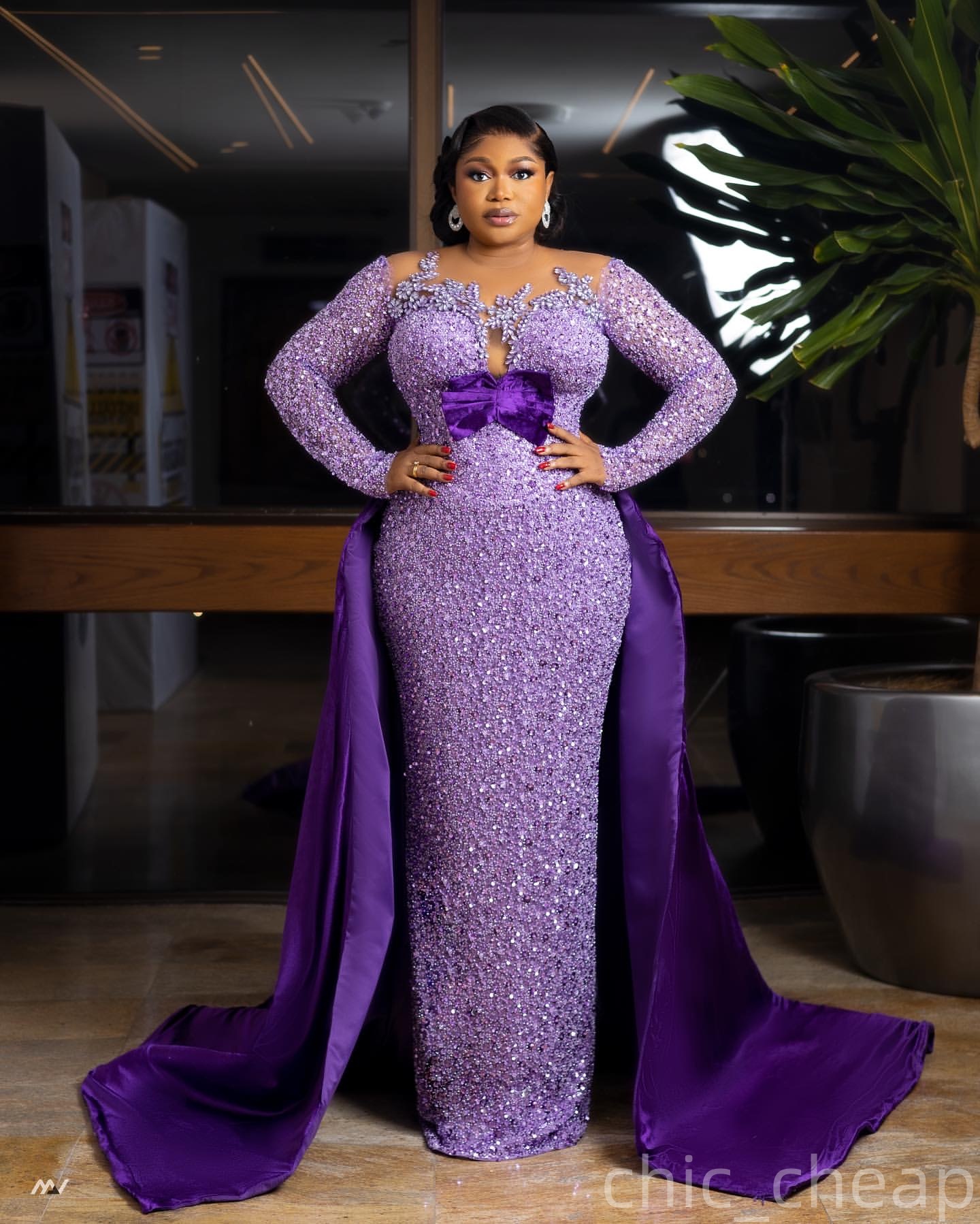Sheath Lilac Plus Size Prom Dresses 2025 Sequined Crystals Detachable Train Evening Formal Party Second Birthday Engagement Gowns Dress For Special Oc