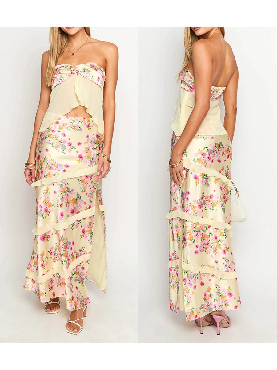 Elegant Floral Print Off Shoulder Crop Top and High Waist Maxi Skirt Set for Women Perfect Parties Clubs 250515