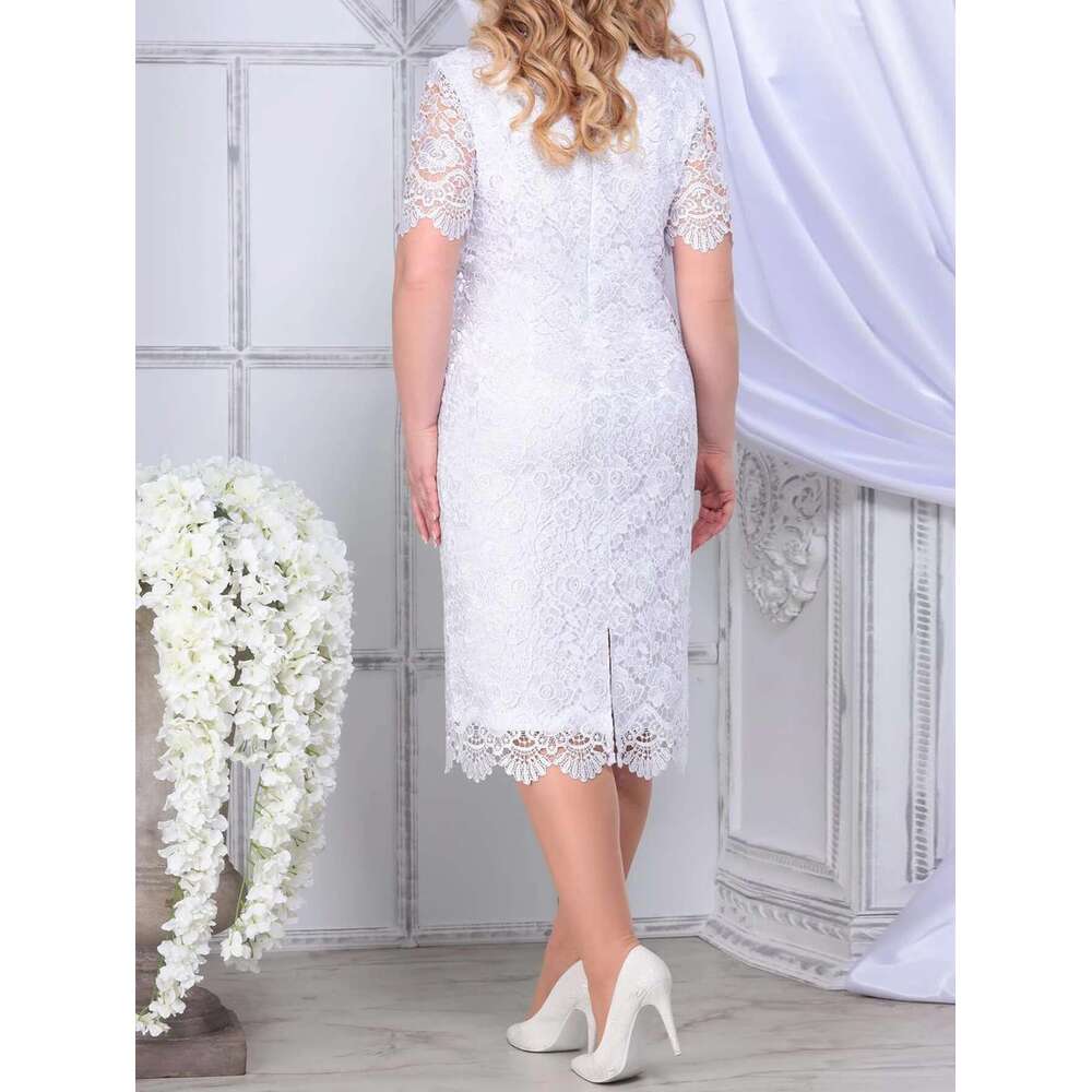 Plus Size Elegant Party Dresses White Woman Summer Embroidery Floral Wedding Guest Slim Pencil Midi Dress Vestidos