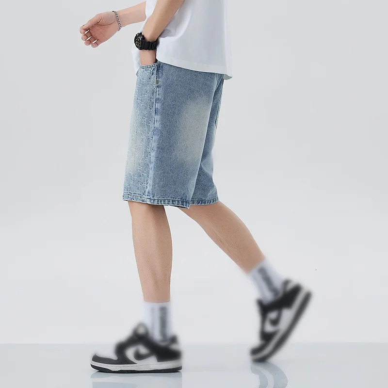 Korean Style Vintage Mens Jeans Summer Loose Male Wide Leg Knee Length Shorts Washed Fashion Short Denim Pants 250515