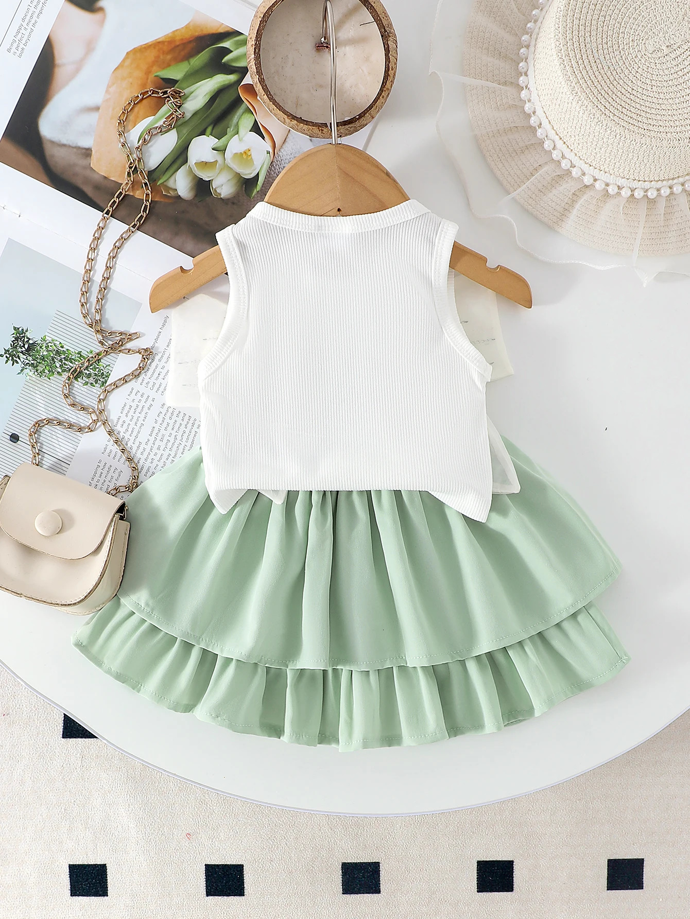 2PCS Summer Cross-Border Girl 1-7 Years Old Sweet And Cute White Bow Shirt Black Cake Skirt 250515