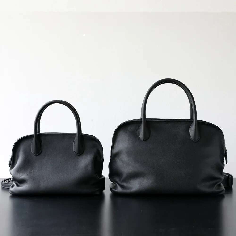 VOAETEC Light First-Layer Cowhide Pleated Portable Large-Capacity Shoulder Messenger Leather Commuter Bowling Bag