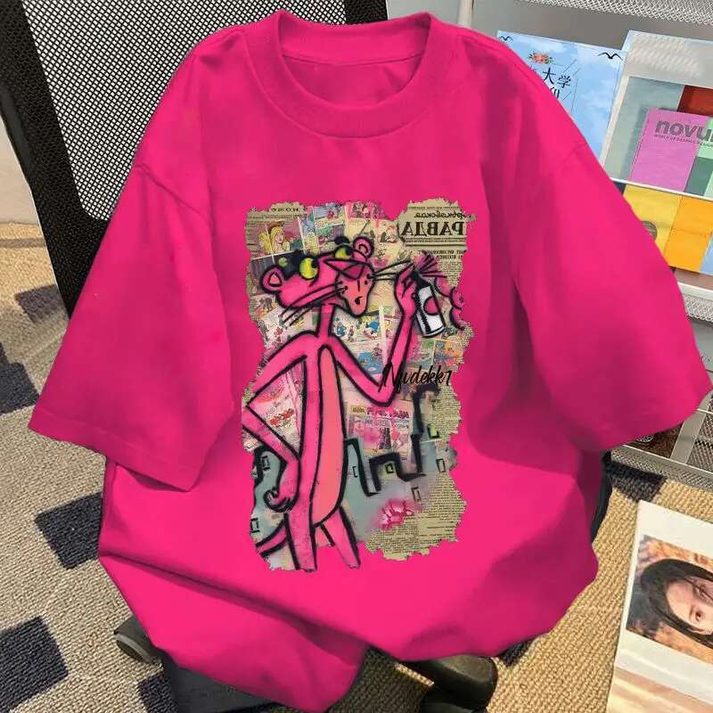 Funny Pink Leopard Man T Shirt Heavy 100% Cotton Y2k T-Shirt Summer Oversized loose Short Sleeve Tee Cartoon Print Tshirt Tees