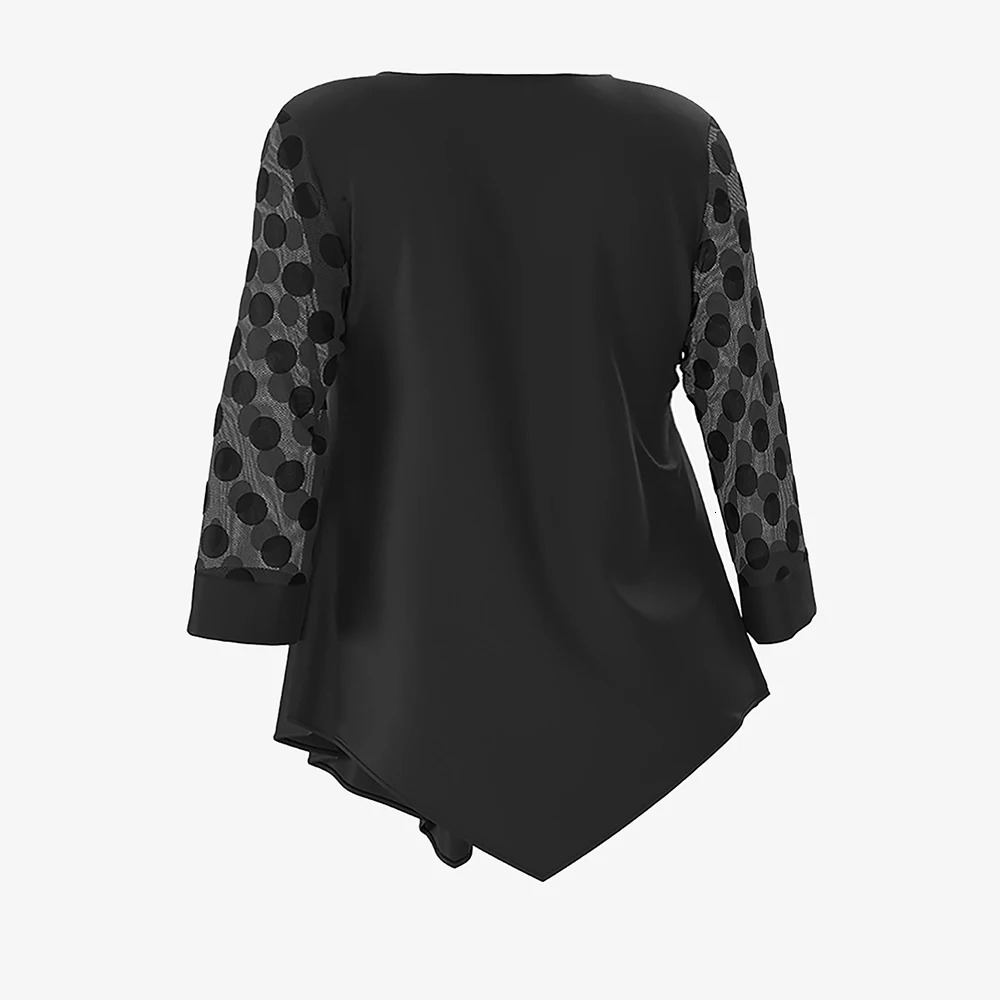 Plus Size Mesh Patchwork Women Blouse Elegant Button Round Neck Loose Female Spring Shirt Tops Dot Long Sleeve Irregular Blouses 250515