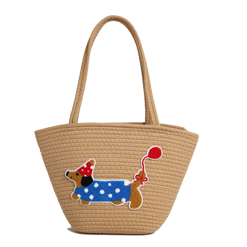 2025 New Summer Vacation Handheld Beach for Women, Large Capacity Straw Weaving Versatile Cartoon Single Shoulder Bucket Bag