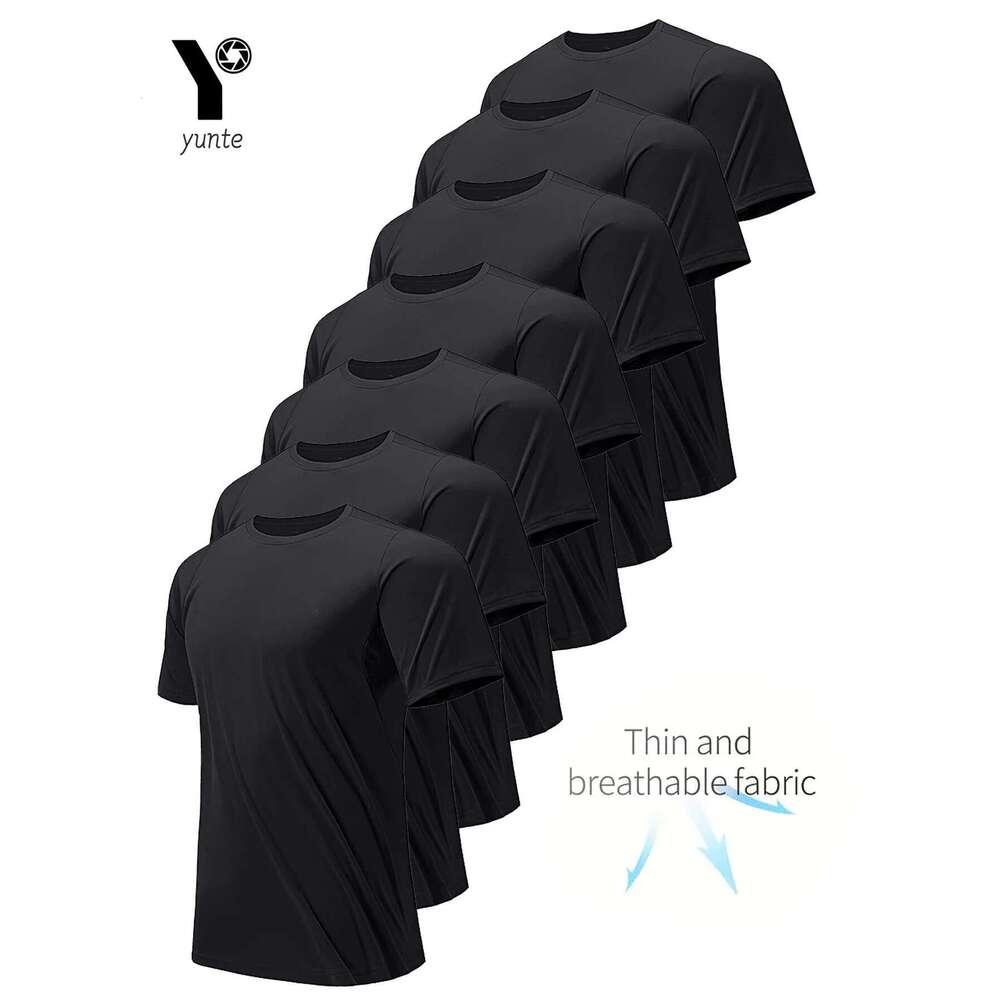 Round Neck T-Shirt 7-Piece Black Ultra-Light Men's Quick-Drying Breathable Sweat-Absorbent Shirt Suitable for Fiess Gym and Ru