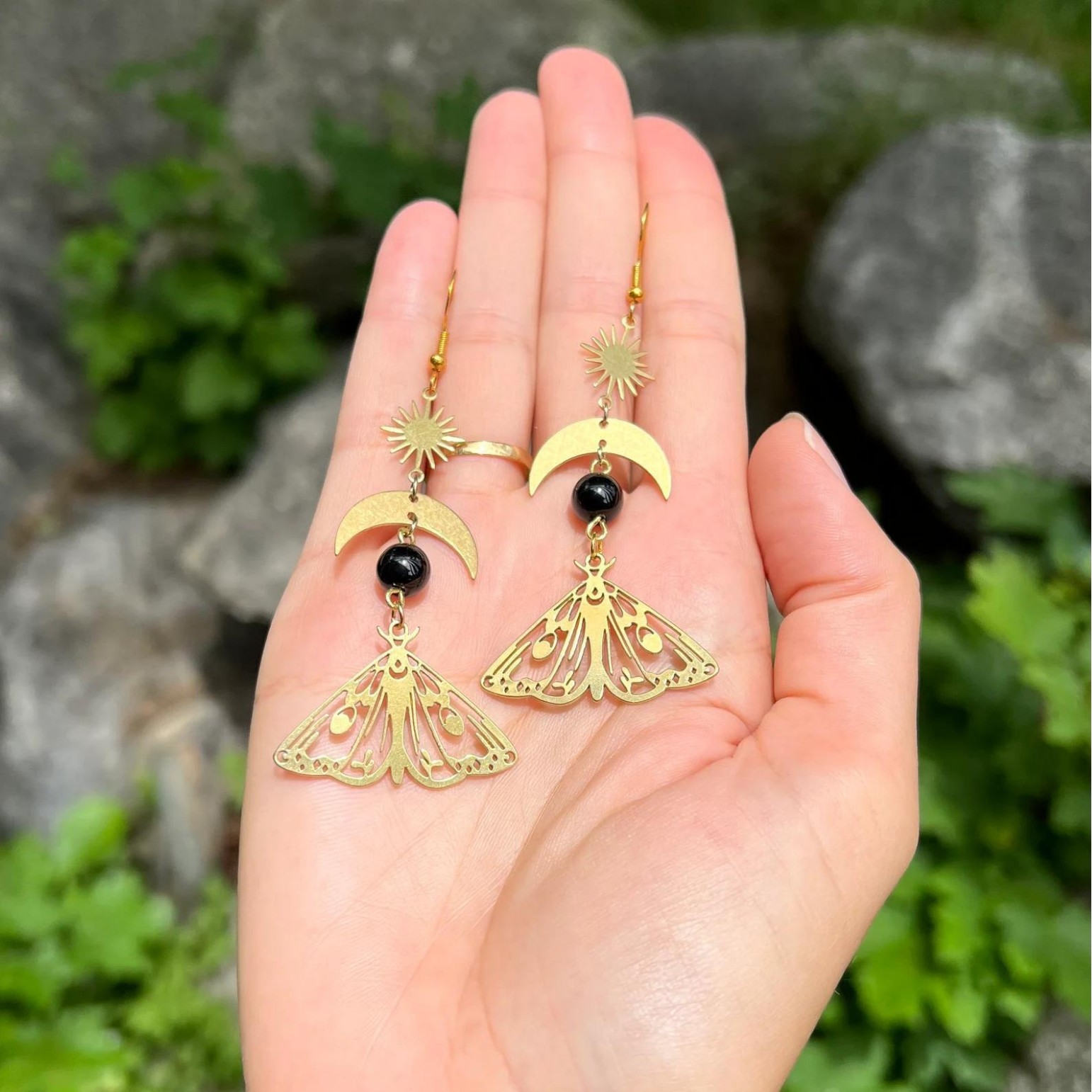 Witchy Inspired Accessories: Artisanal Crescent Pendant and Insect Charm Pairing