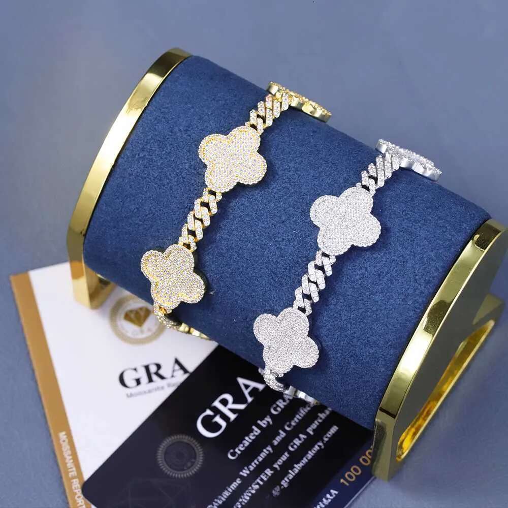 Yu Ying Clover Gold Sterling Sier VVS Moissanite Cuban Link Chain Bracelet for Hip Hop Jewelry