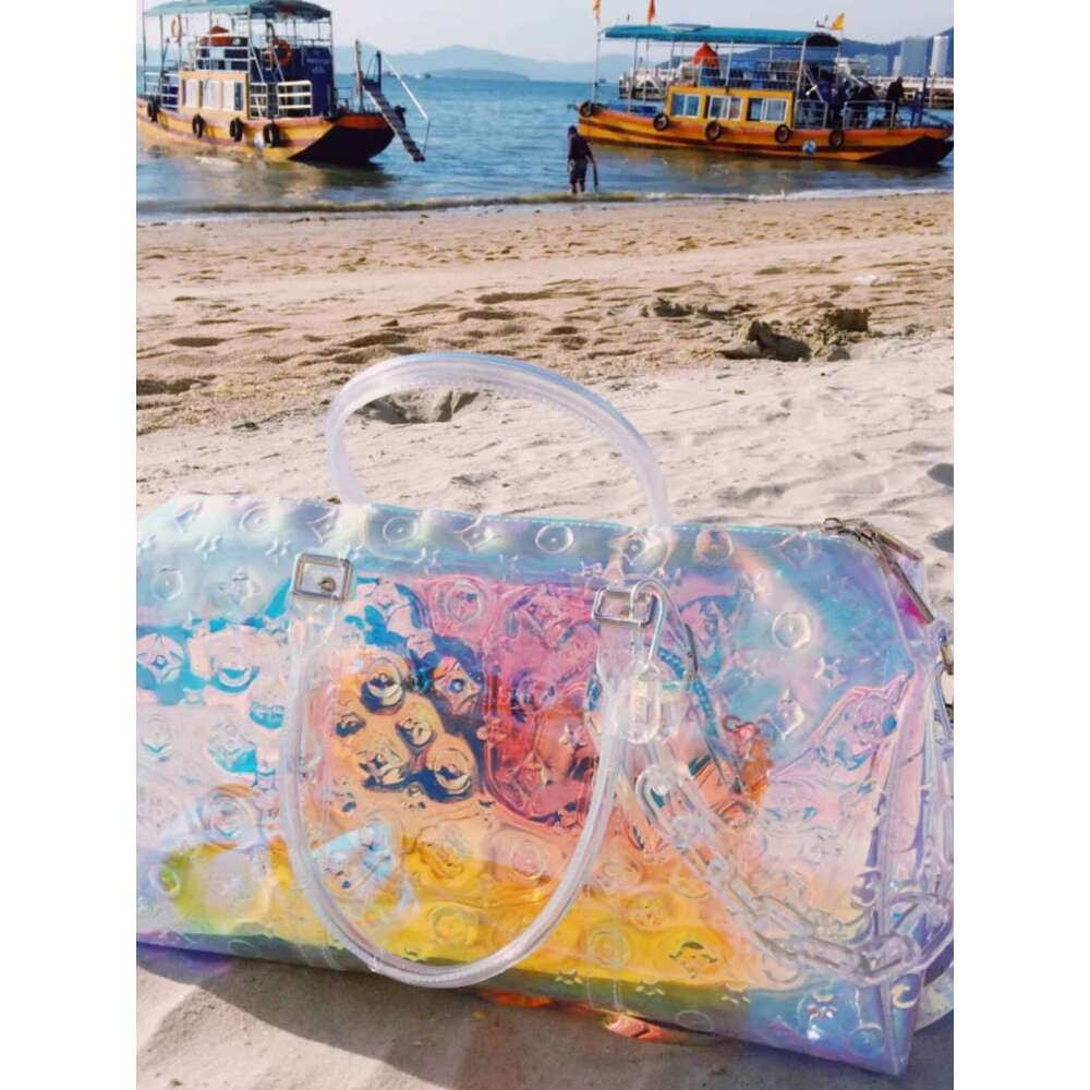 Colorful Transparent New Business Travel Boarding Lage Handheld Big Rainbow Emed Laser Fiess Bag