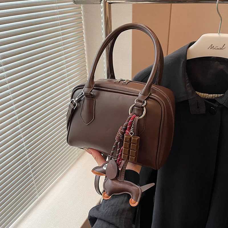 Wens Pu Leather Cute Mini Bost Handbag Brown Bowling Crossbody Bag High-end Korean Shoder Bag Ladies Versatile Tote Z250516