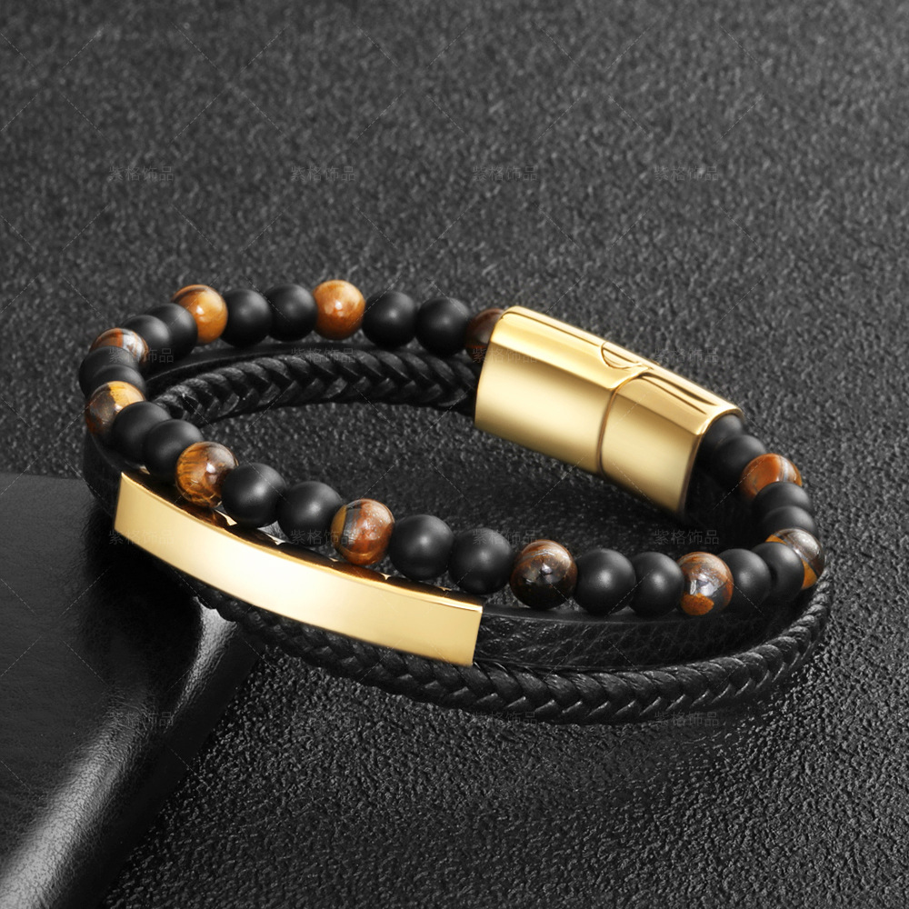 Men's Tiger Eye Stone Beaded Bracelet with Black Braided Leather Band - Stylish and Durable Multi-Layer Bracelet for Men