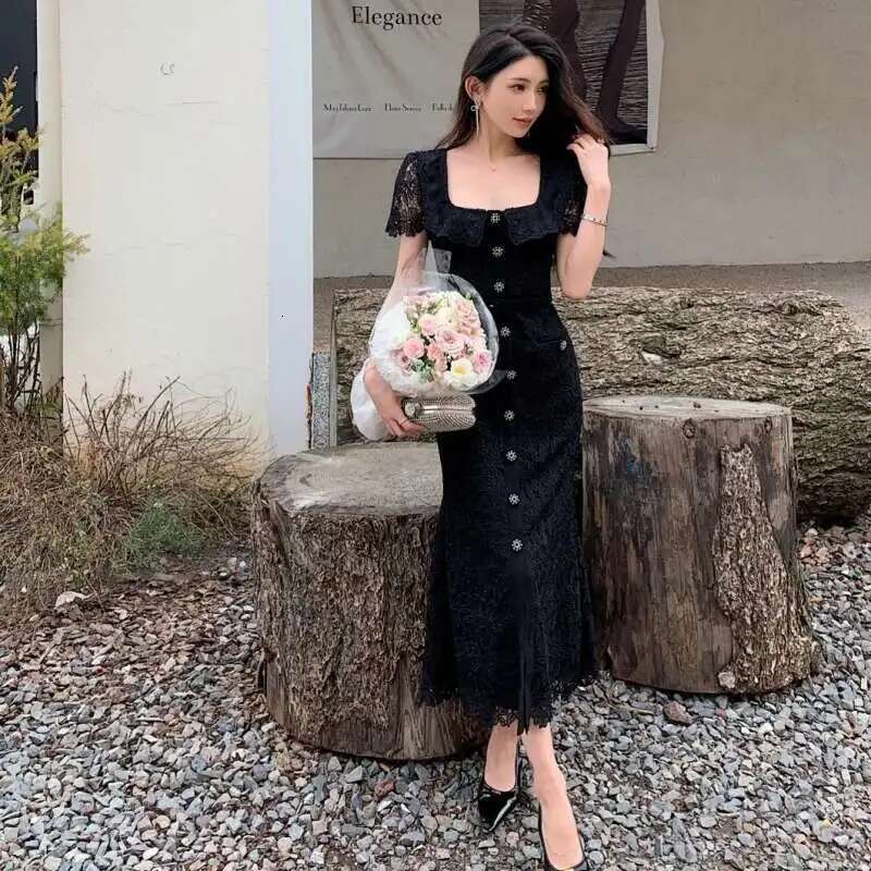 JAMERARY Brand Designer Summer Black Lace Evening Prom Dress Women Dia Button Short Sleeve Midi Long Party Vestidos Quality