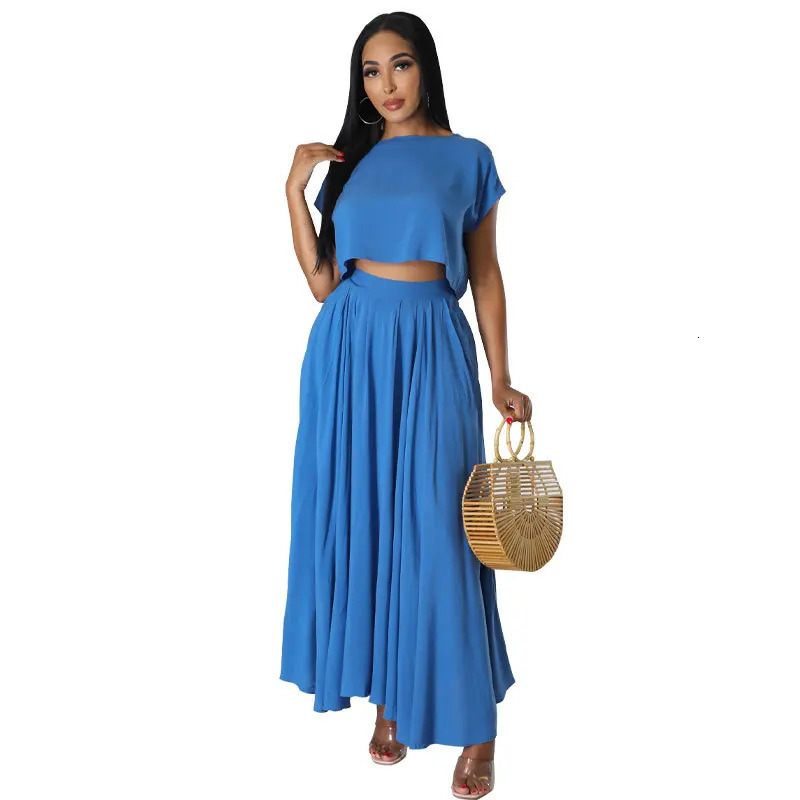 Two Piece Sets Women Skirt Set Matching Short Sleeve Tops Long Skirts Summer Pleated Y2k Streetwear High Waist Casual 250515