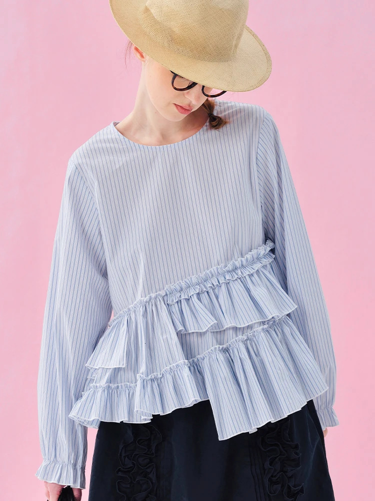 imakokoni Japanese shirt spring cotton washed blue and white stripe lace irregular n pullover top 250515