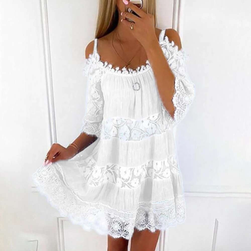 Plus Size Summer for Ladies Solid Color Sling Lace Female Elegant Loose Waist Design Dresses Casual Dress Beach Wear