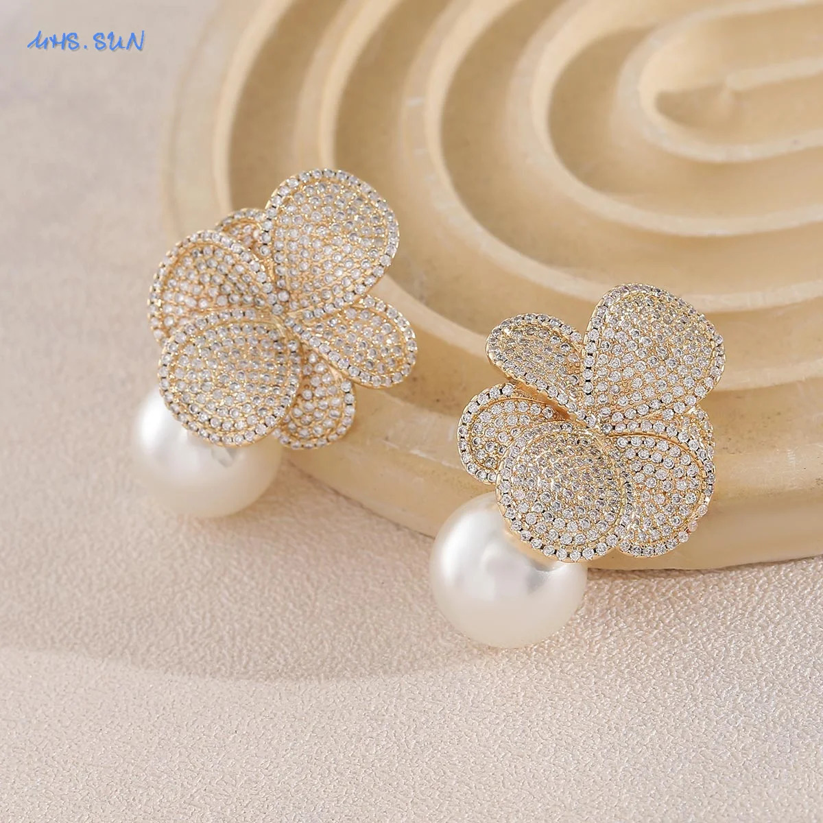 MHS.SUN Imitation Pearl Flower Earrings Women Inlaid Sparkling CZ Zircon Fashion Wedding Prom Party Jewelry Gifts 250515