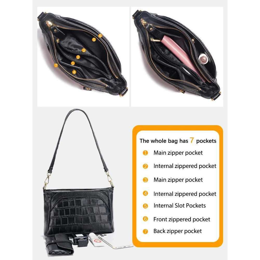 Zency Women's Cowhide Leather Shoulder Large Capacity Handbag With Stone Rose Flower Alligator Pattern Vintage Crossbody Bag