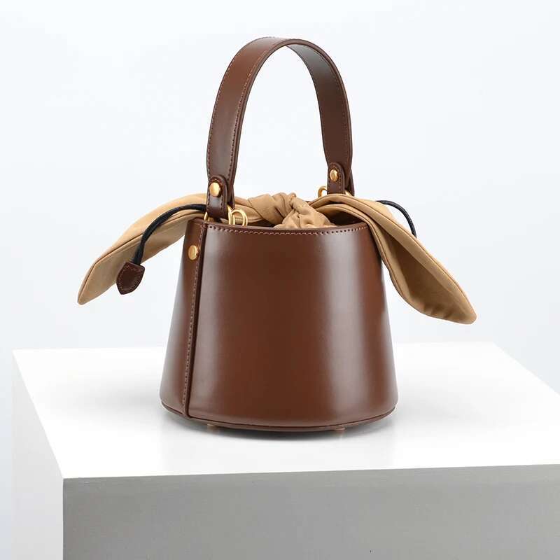 Rabbit Ears Versatile Bucket Genuine Leather Cowhide High Quality Women Handbag Shoulder Messenger Lady Purse Casual Bag