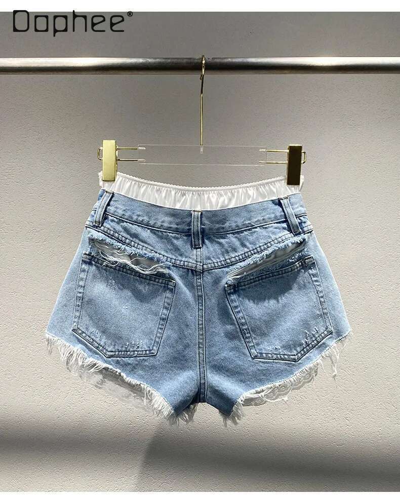 Summer New Spice Girl Old Ripped Rough Edge Jeans Fake Two Pieces Splicing High Waist Slim Female Sexy Y2k Jean Shorts