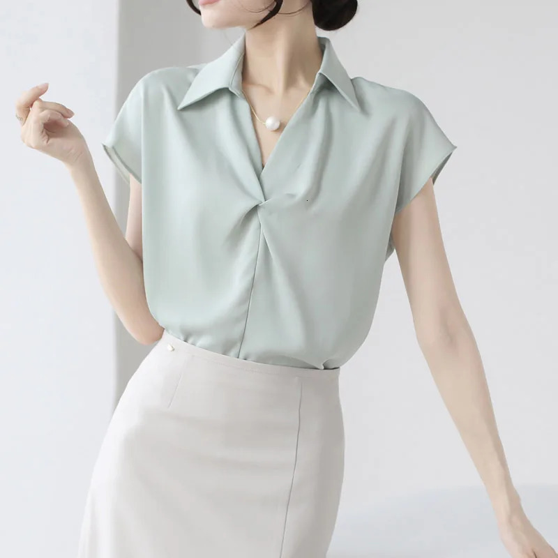 Summer Elagant Front Cross Womens Blouse Short Sleeve Vneck Korean Casual Loose Workwear Office Lady Shirts Female 250515
