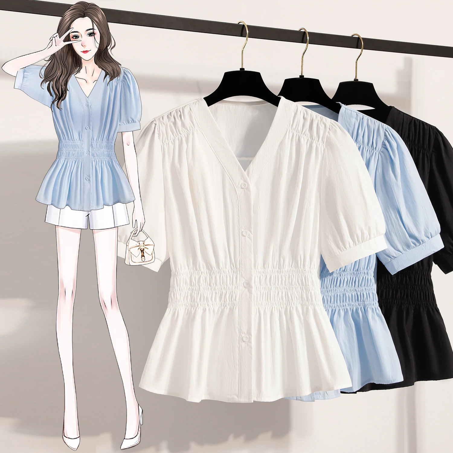 Plus Size Chiffon Blouse Women Summer Fashionable V Neck Short Sleeve Big Tops Elastic Waist Shirts Blouses 250515