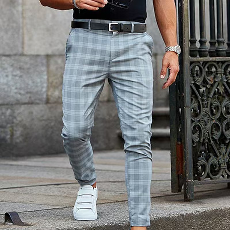 Men's casual checkered print mid rise tailored trousers with slight elasticity
