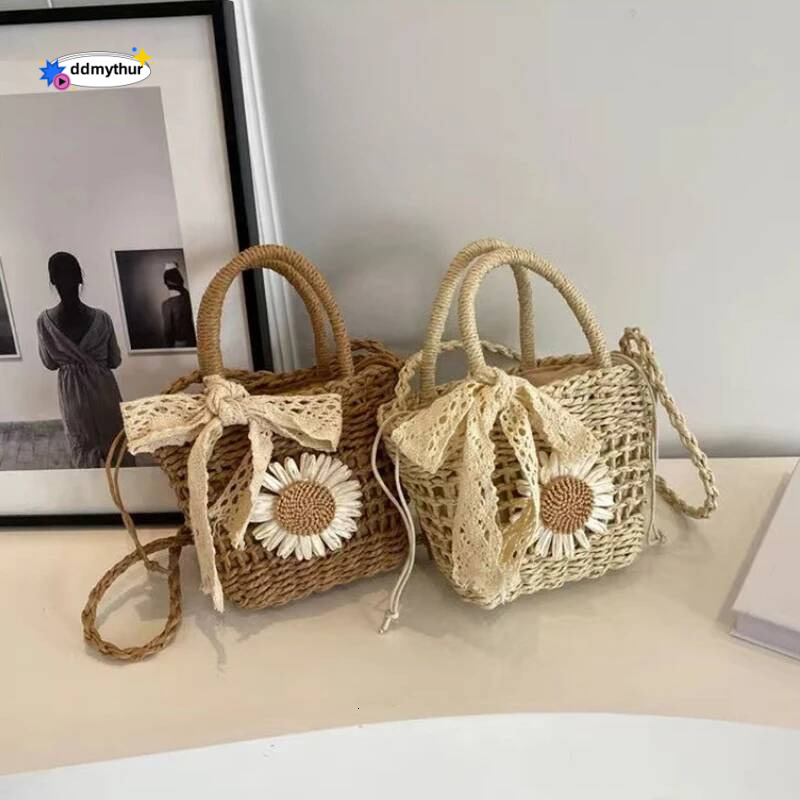 New Lace Bow Handbag Dacron Square Shape Straw Weave Small Bucket Tote Bag ddmythur