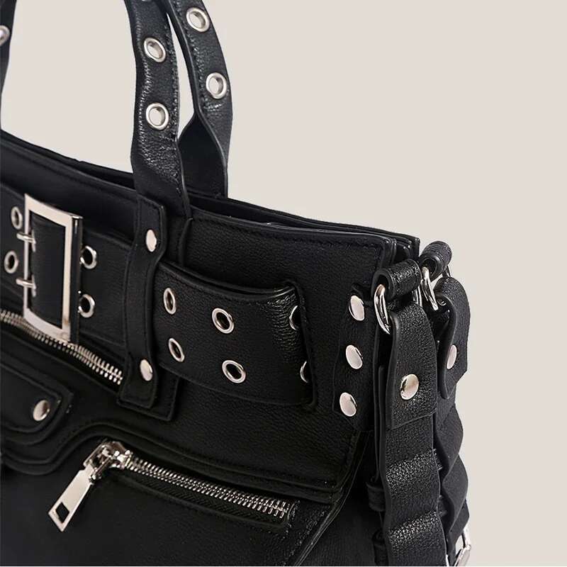 JIOMAY Women Black Goth 2024 Fashion Woman Ladies Moto And Biker Style Shoulder Rivet Belt Large Capacity Tote Bag