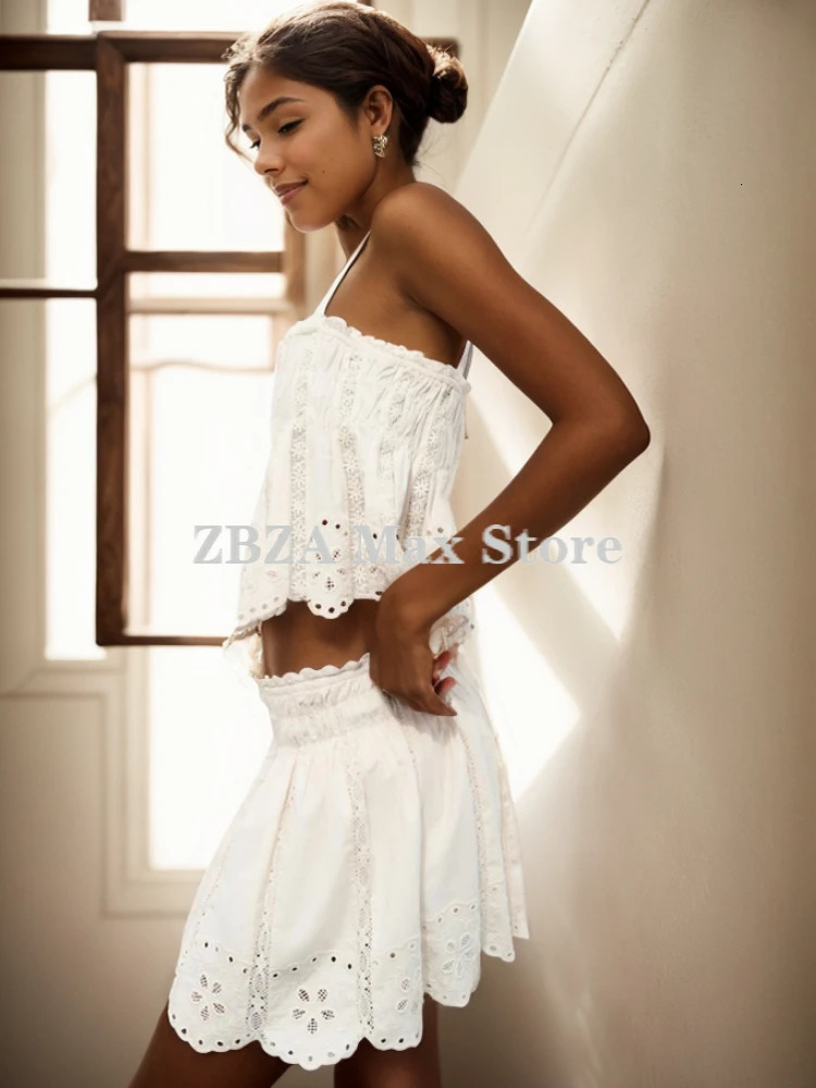 ZBZA Womens ed Strappy Suit Thin Straps Straight Neck Sleeveless Top High Waist Interior Lining Skirt Female Chic Set 250515