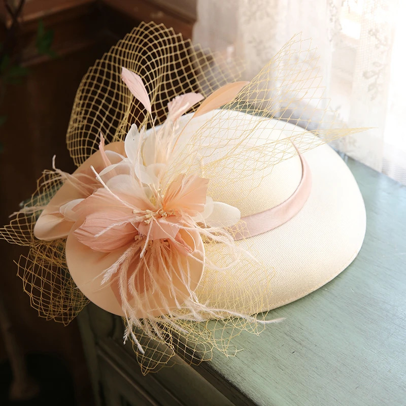 Elegant Women chic Large Brim Sinamay Flower Fascinator Hat Cocktail Wedding Party Church Headpiece Headwear Hair Accessories 250514