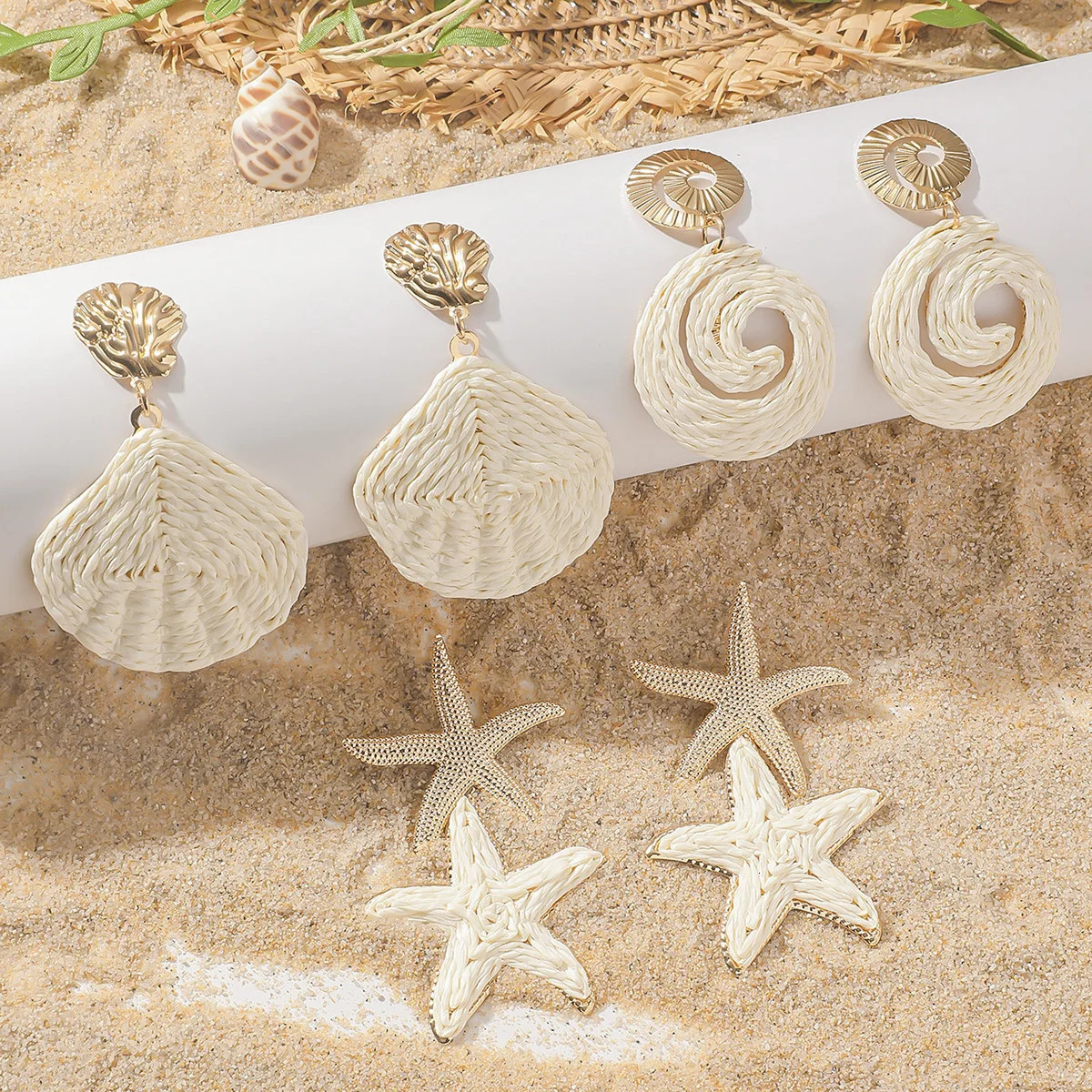 1 Set Elegant Ocean Theme Rattan Knit Drop Earrings for Women Girls Boho Summer Raffia Shell Starfish Conch Earrings Jewelry 250515