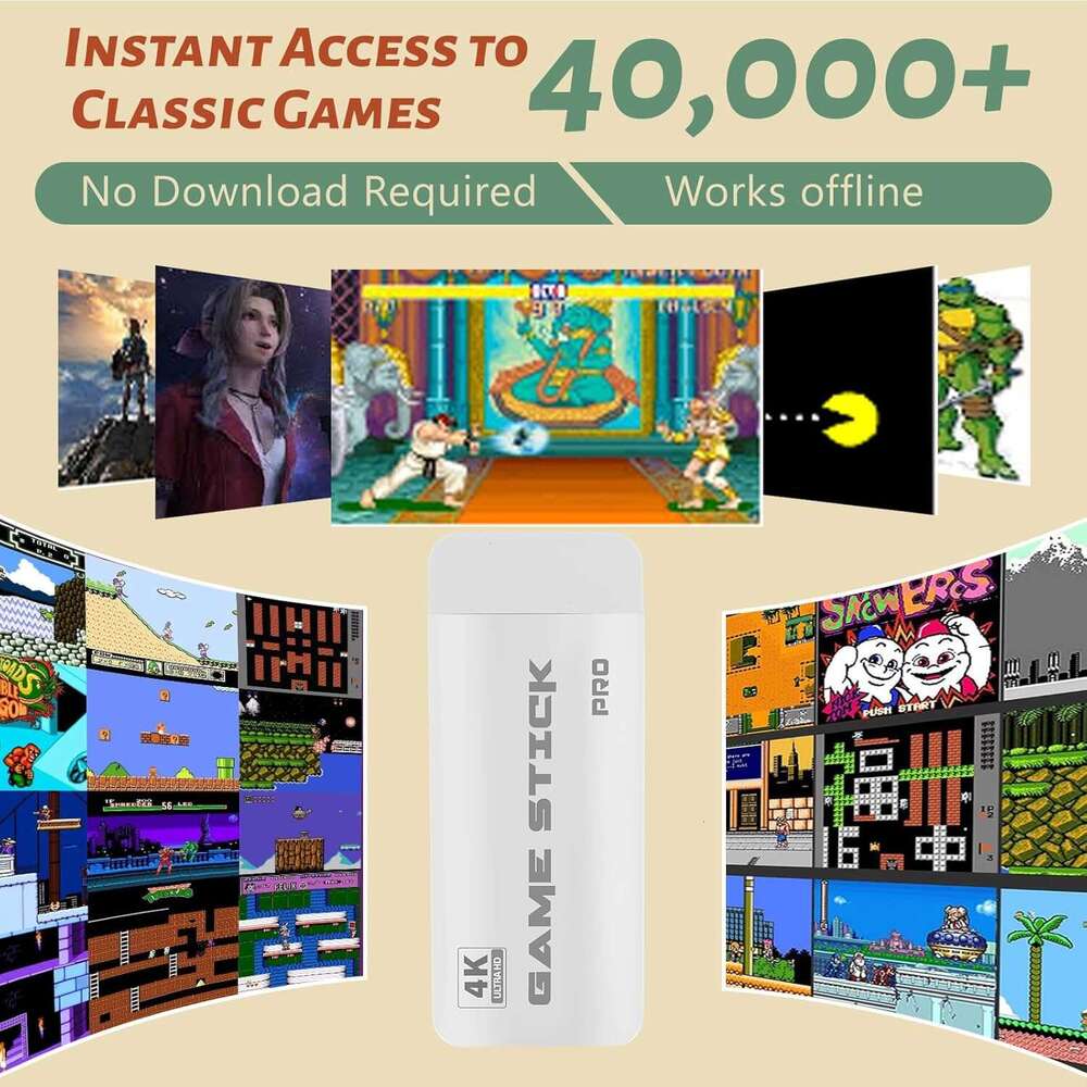 HRYYDS 2025 Retro Gaming Console Pro 4K HDMI 40,000+ Built-in Classic Video Games - Plug & Play Game Stick for TV with 2 Wireless Controllers | 23 Emu