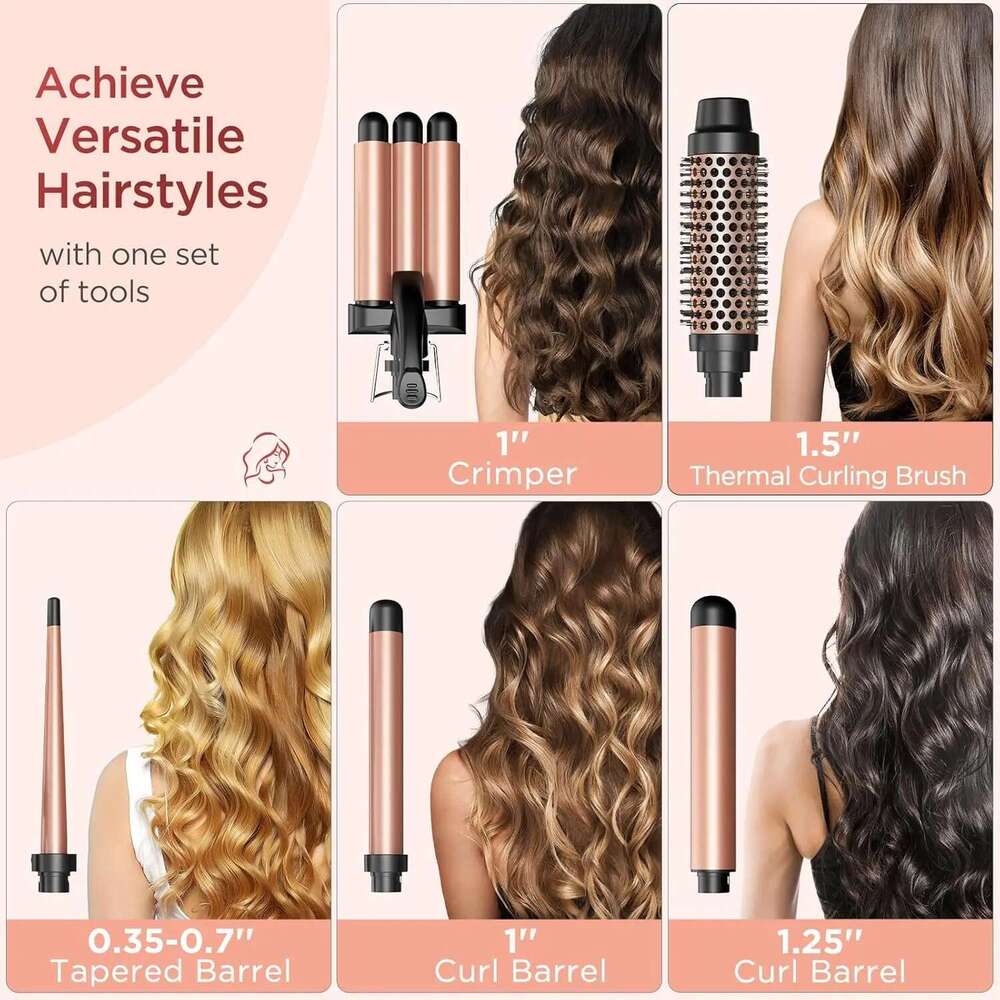 PRO 5 in 1 Wand, Curling Iron Set with Thermal Brush, A 3-Barrel Hair Crimper Iron, 3 Ceramic Cur