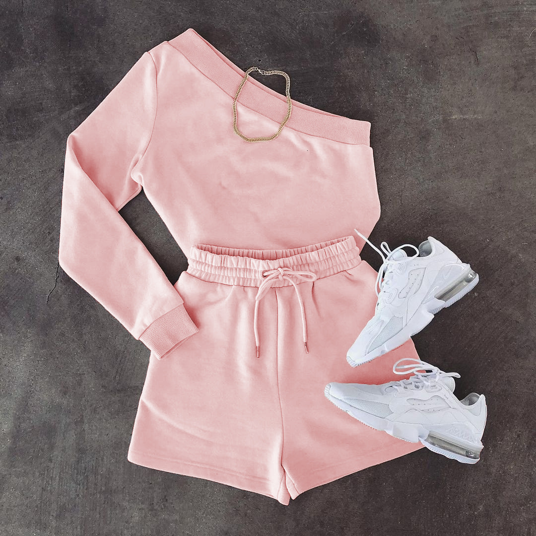 F157 diagonal shoulder irregular sweater Shorts Set fashion leisure sports suit two piece set women
