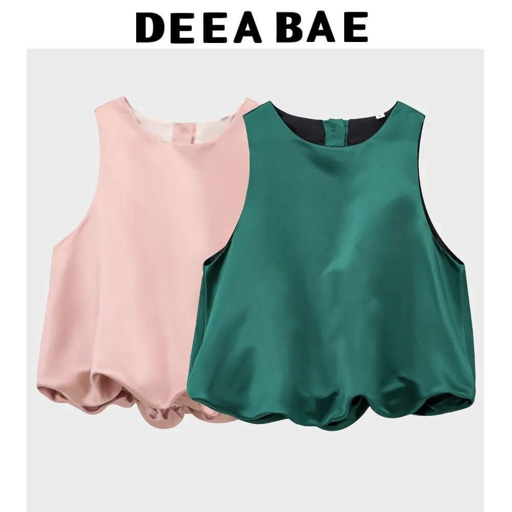 DEEABAE Vests Woman Trend 2025 Round Neck Sleeveless Balloon Version Design Satin Texture Vest Short Top