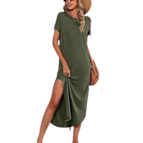 White Dress Maxi Dress Women's Short Sleeved Ultra Dress Round Neck, Casual Loose Slit, Long Summer Beach Shirt With Pockets KQ