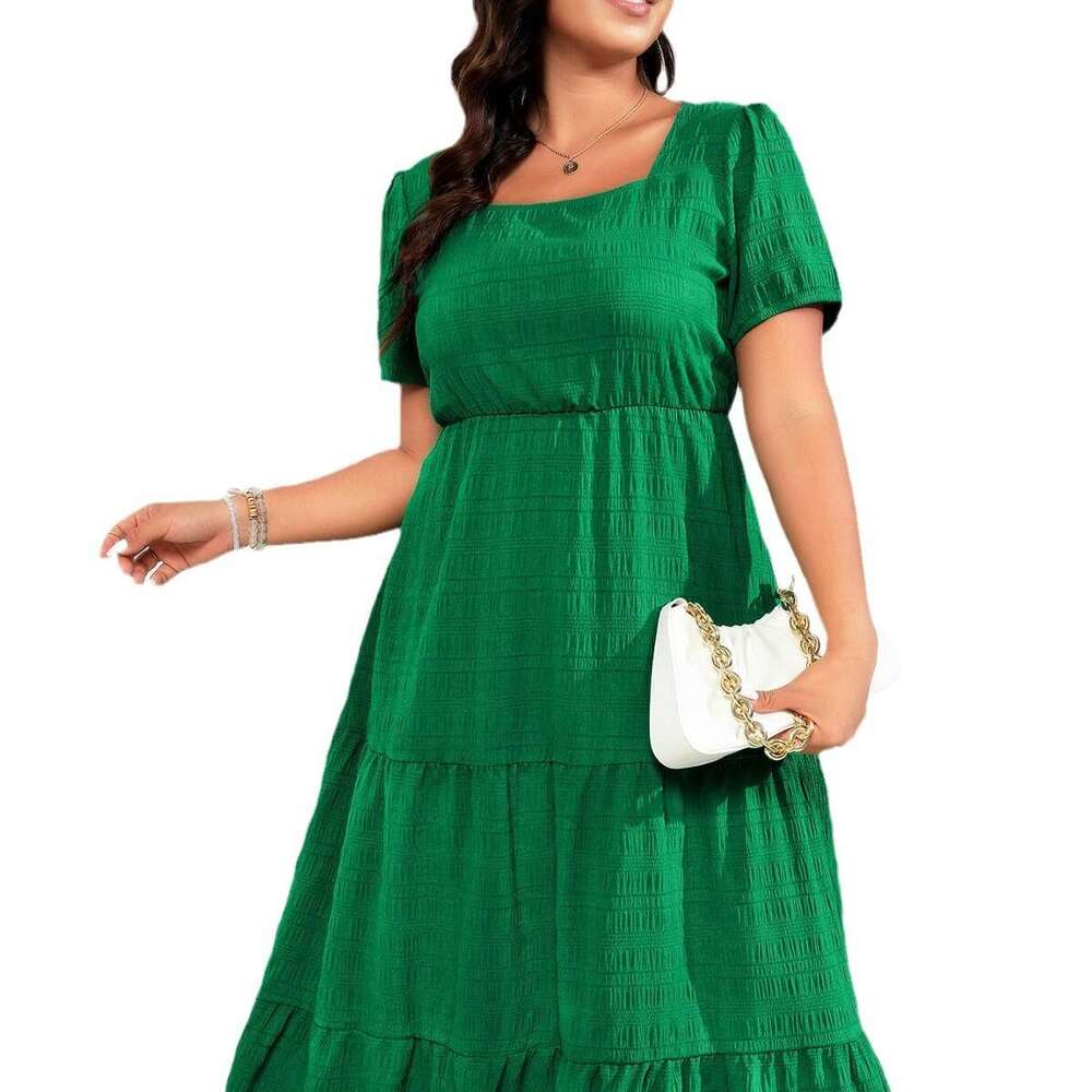 Plus Size Women Dresses Summer Dresses Maxi Dress Robe Vestidos Summer Dresses for Women Womens Bubble Sleeves Square Neck Back Pleated Short Sleeve P