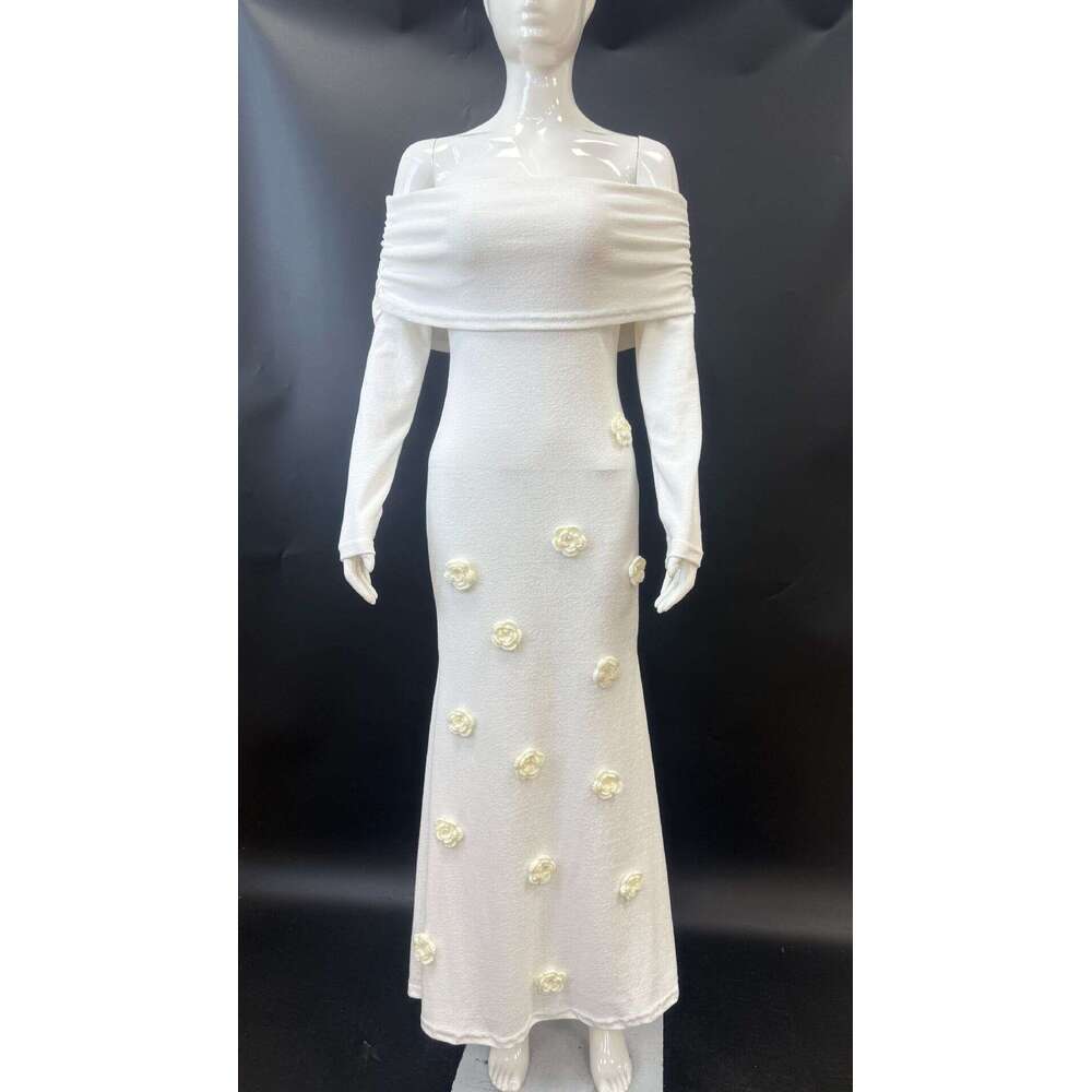White Dress Maxi Dress 2024 New Women's Sexy Three-Dimensional Flower Long Skirt, One Shoulder Knitted Dress, Autumn And Winter Skirt KQ