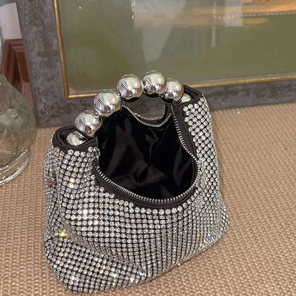 JIOMAY Fashion Steel Ball Handle Tote Exquisite Rhinestone Shoulder Designer Bags Purses For Women Makeup Bag